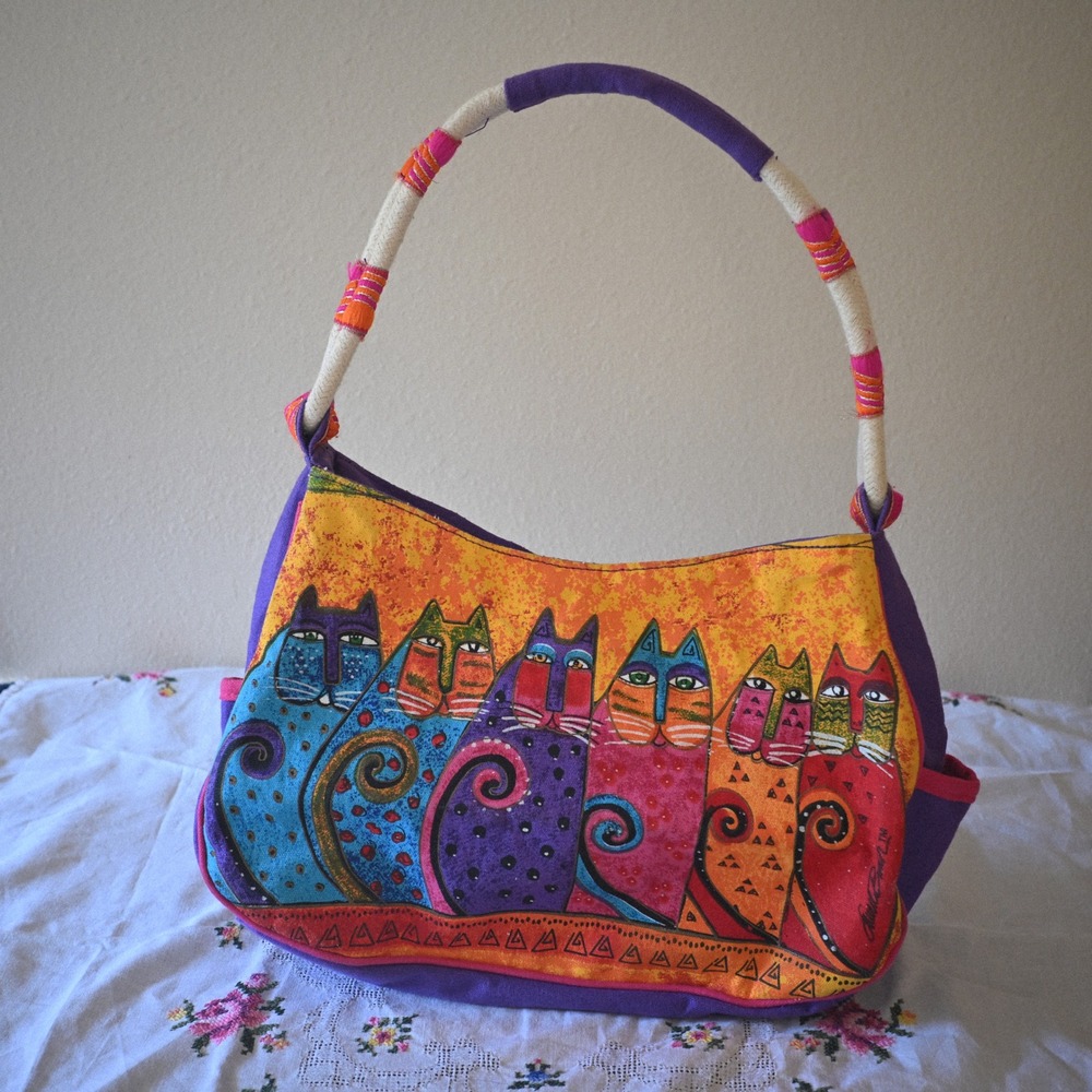 Laurel Burch Purple Orange Cat Art Fabric Shoulder Hobo Bag Wrapped Handle
